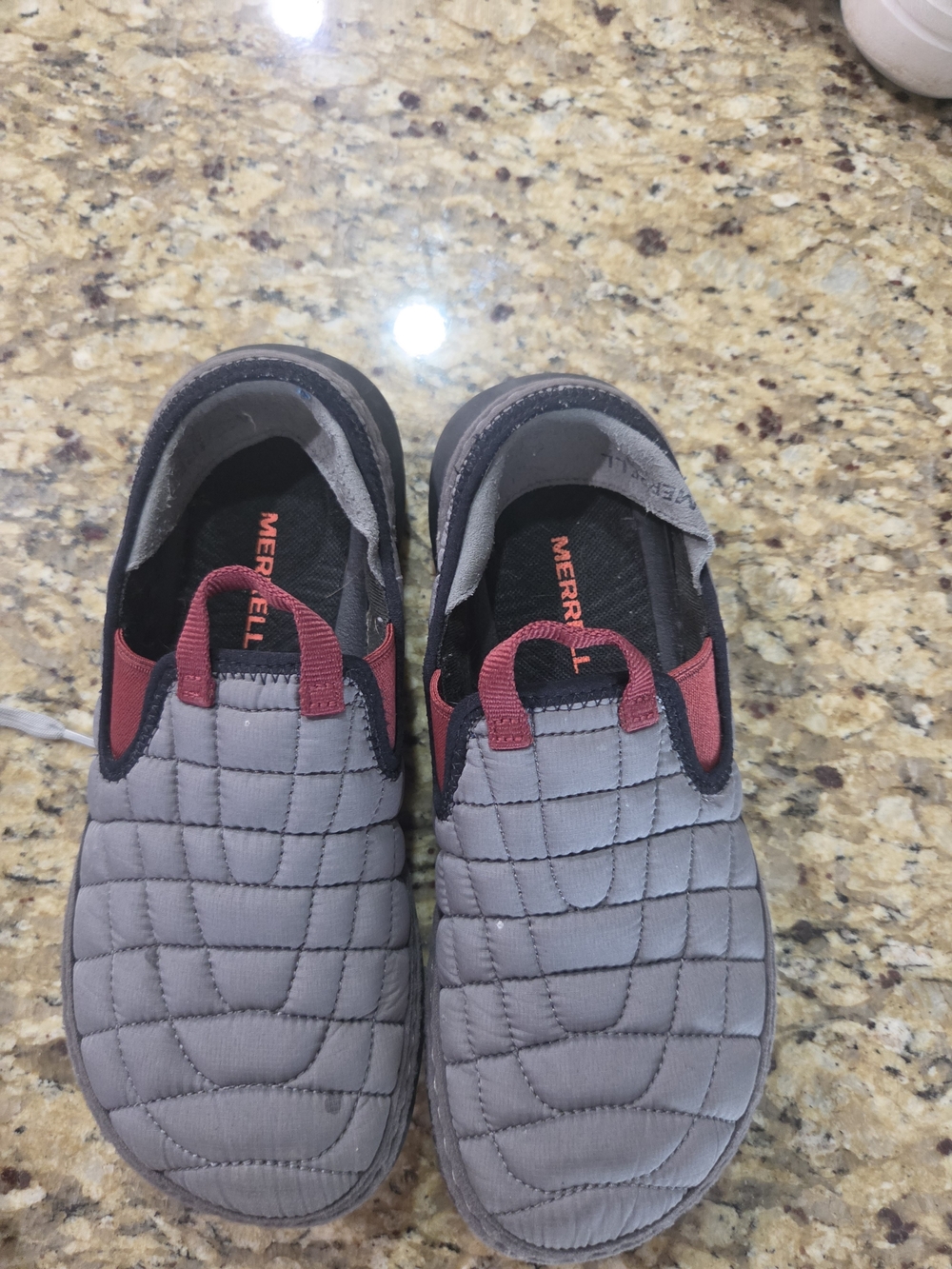 Merrell Quilted Hut Moc Slip-On Shoes in Gray and Red